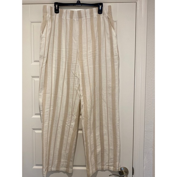 Coastal Comfort Pants - Coastal Comfort XL Cotton Gauze Striped Wide Leg Pants Cream Tan Elastic Waist